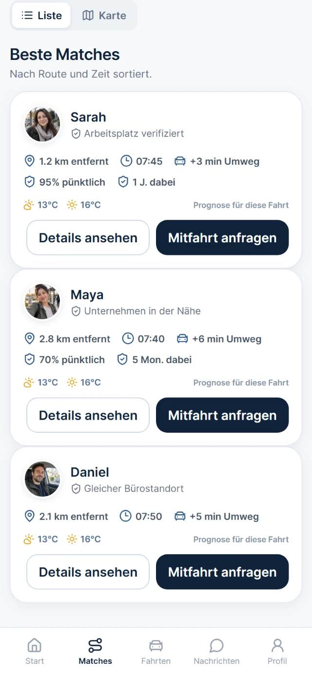 Screenshot der Comrido-App mit den besten Matches für morgen, mit Streckenpassung, Zeit und Umweg