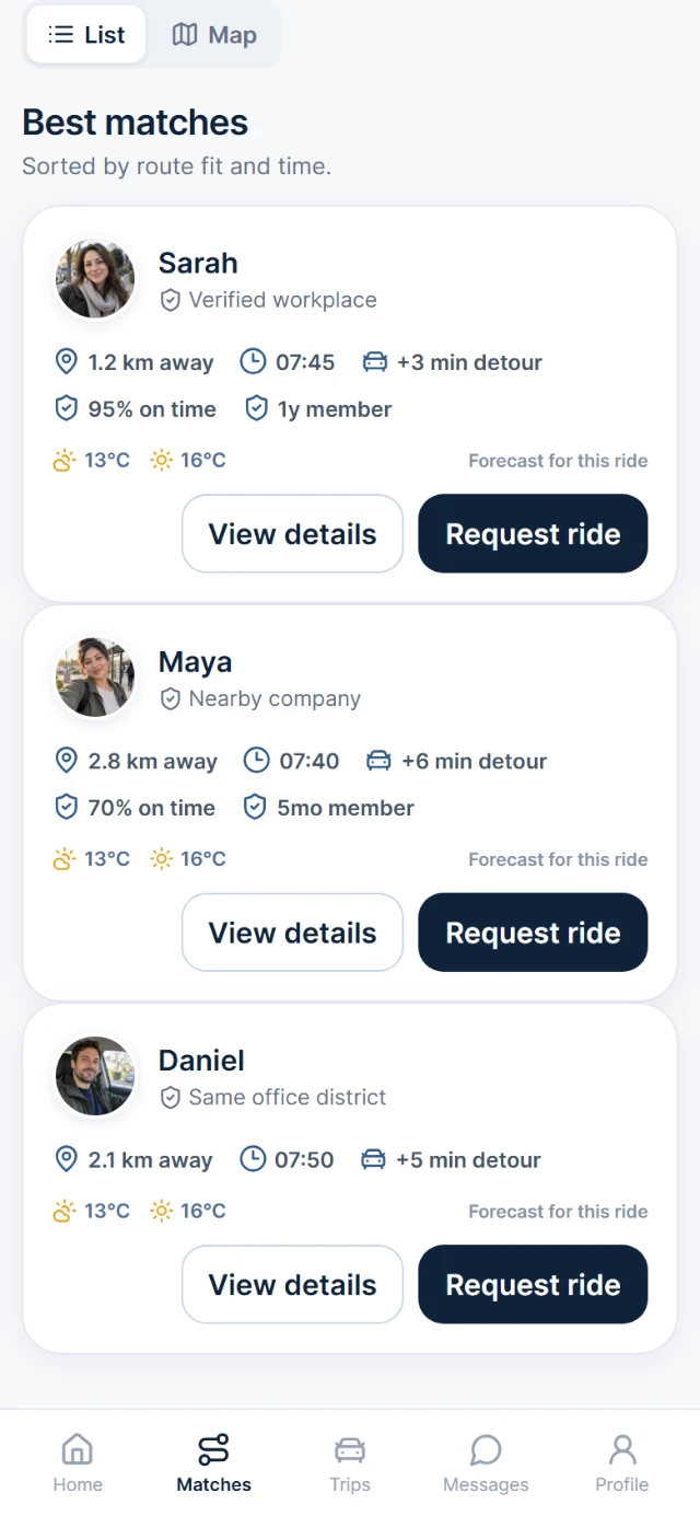 Screenshot of the Comrido app showing best matches for tomorrow with route fit, time and detour