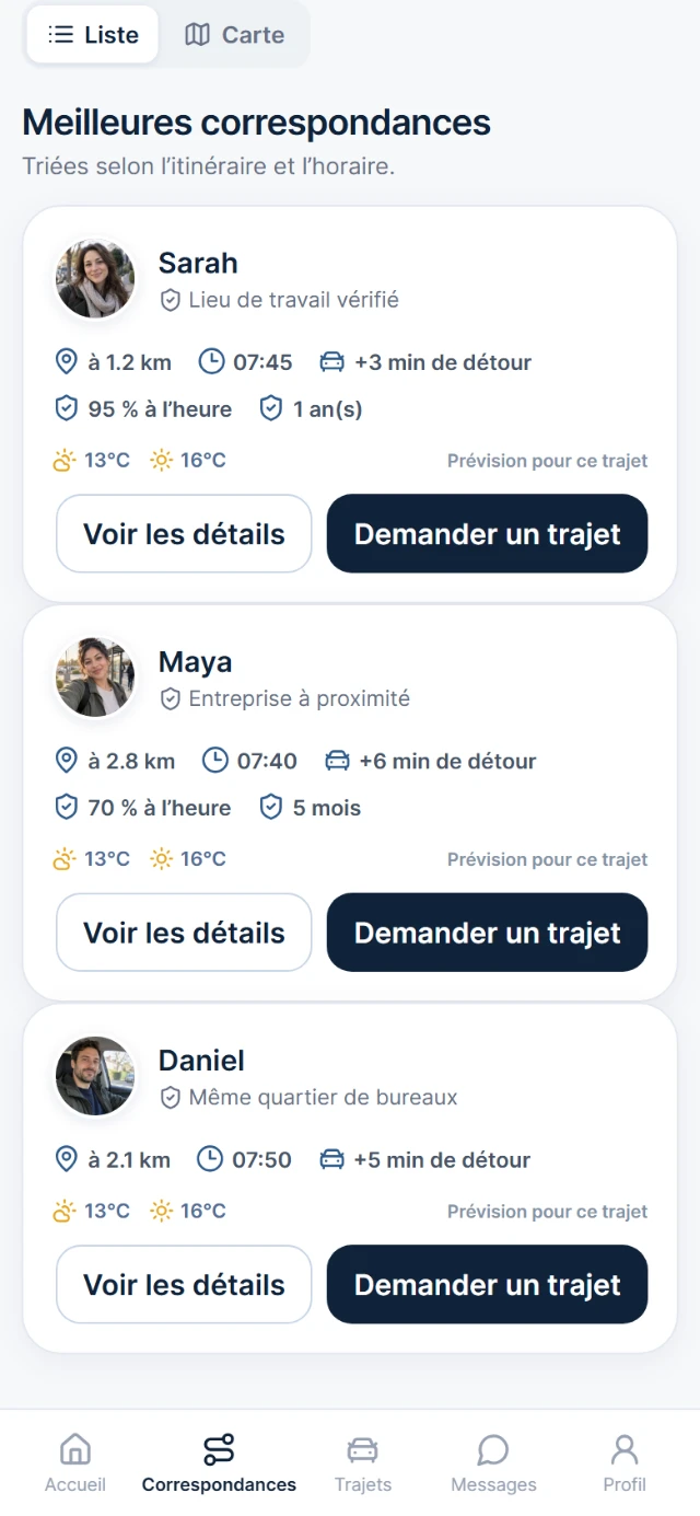 Capture de l'application Comrido avec les meilleures correspondances pour demain : trajet, horaire et détour