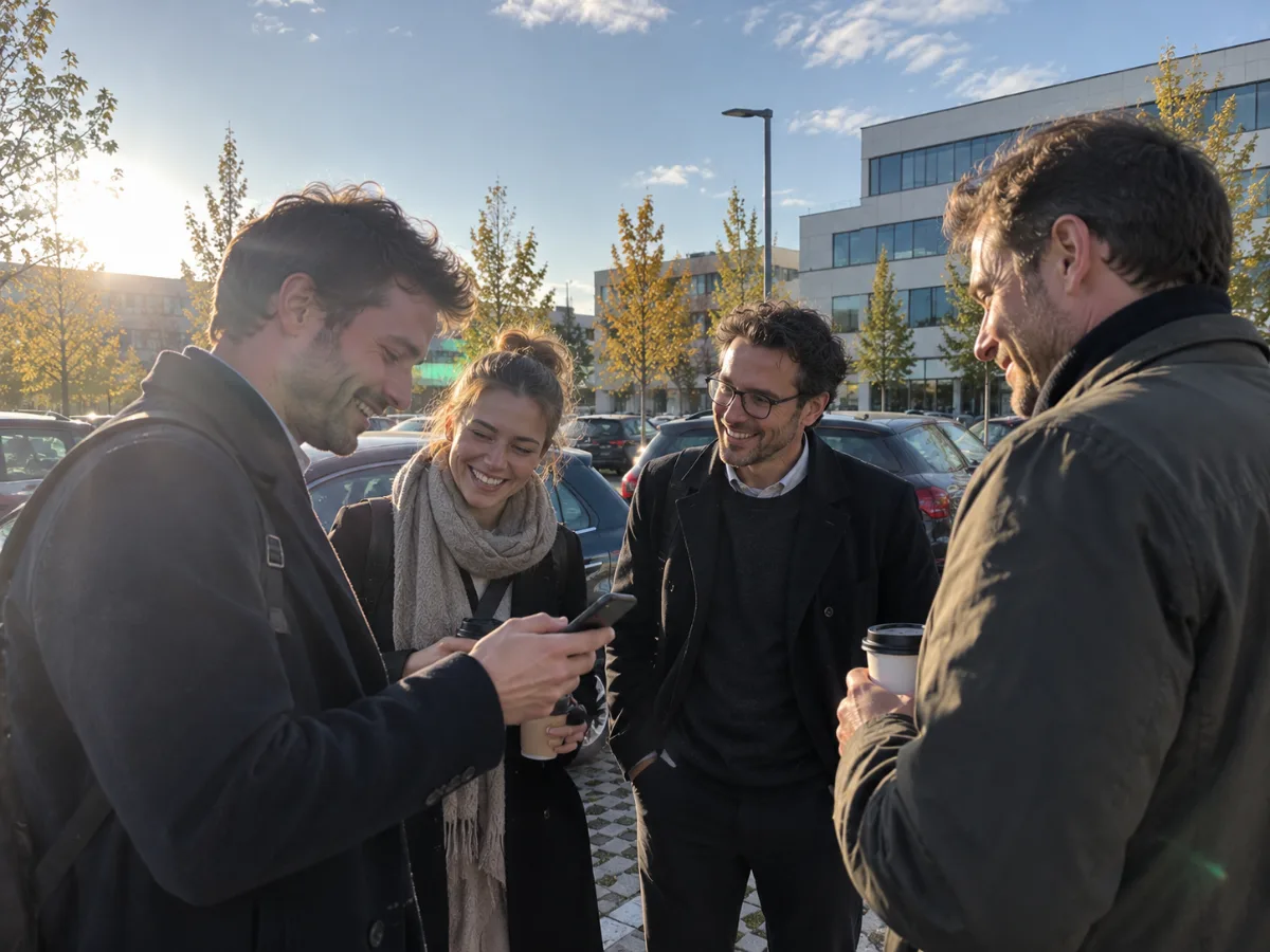 Quatre collègues discutent le matin sur le parking de l'entreprise, l'un regarde son téléphone