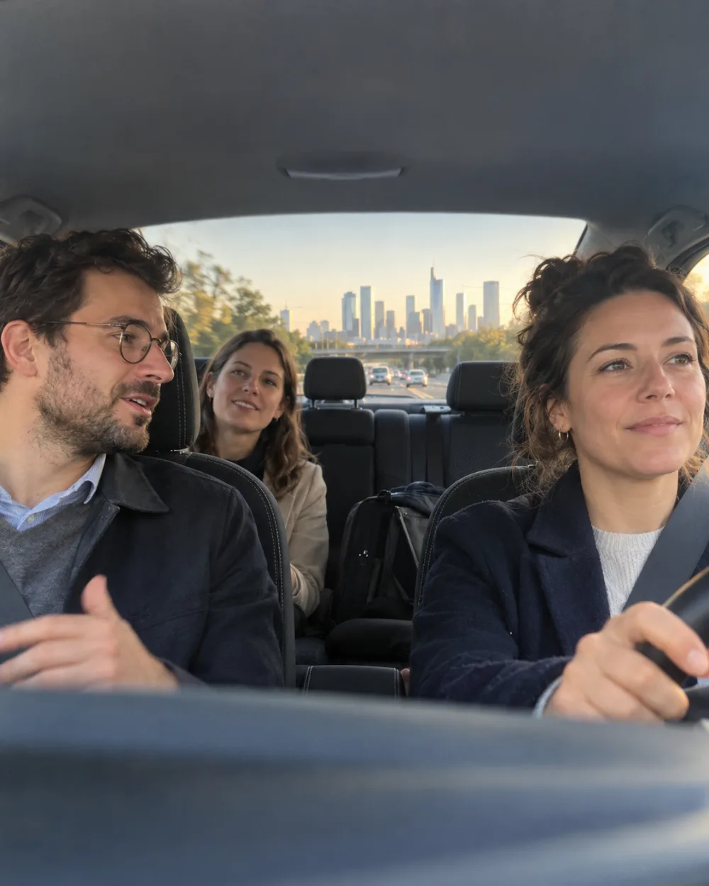Trois collègues partagent une voiture pour aller travailler, souriants, avec une ville devant eux