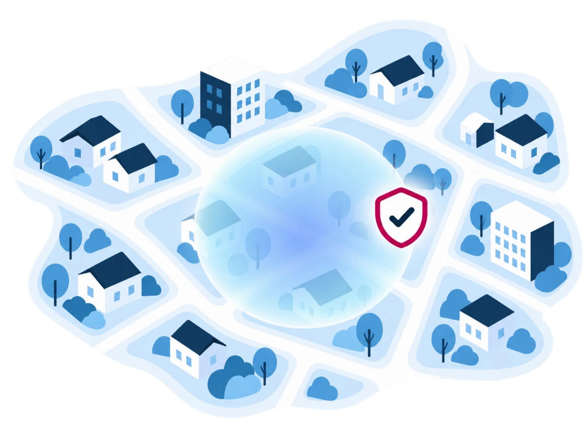 Une carte de quartier avec un cercle doux pour une zone approximative et un bouclier avec une coche